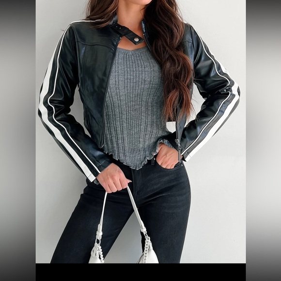 Love Tree Jackets & Blazers - Love Tree Faux Leather Jacket Size Large Black/White Contrast Stripe Cropped